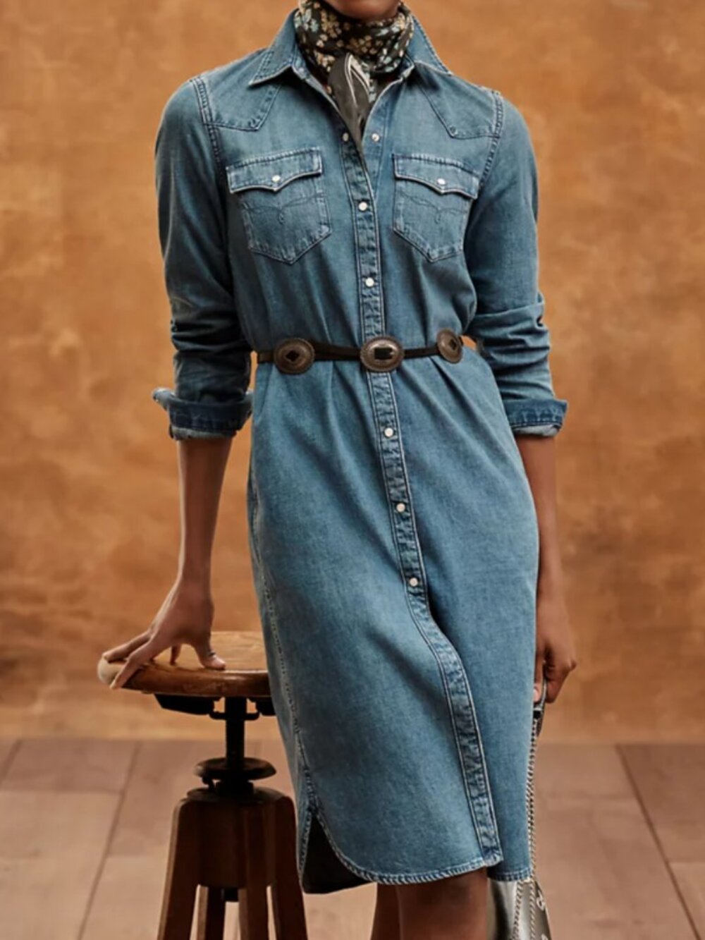NWT Lauren Ralph Lauren True Indigo Denim Shirt Dress 8 Tie Waist Western Cowgir